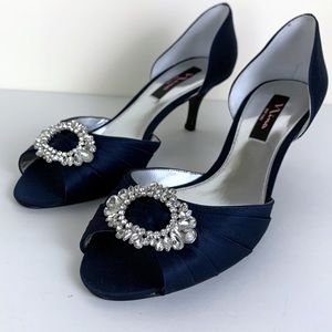 Nina D’Orsay Navy Satin Evening Shoes w/Bling 10